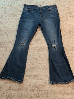 Dark Blue Flare Jeans with Knee Distressing - Women's